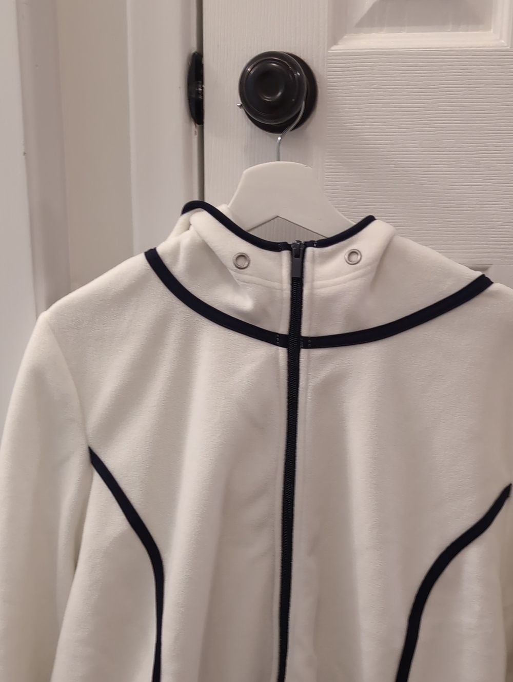White Women's Zip-Front Jacket with Navy Trim And Pockets